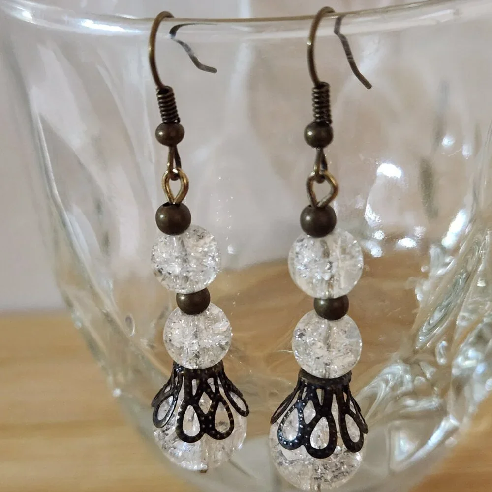 Hand Crafted Earrings Pierced Clear Bronze Beaded Dangle